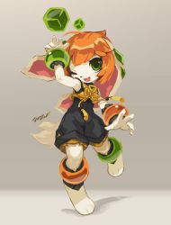 1girl animal_ears barefoot bodysuit bracelet cube detached_sleeves dog_ears dog_tail eyelashes freedom_planet freedom_planet_2 furry galaxytrail green_eyes grey_background jewelry long_ears looking_at_viewer milla_basset official_art one_eye_closed open_mouth short_hair smile tail tyson_tan wide_hips