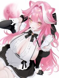 Rule 34 | 1girl, 707arisu, absurdres, alternate costume, animal ears, apron, black bow, black bowtie, black dress, black gloves, bow, bowtie, breasts, center-flap bangs, cleavage, cleavage cutout, clothing cutout, commentary, detached sleeves, double-parted bangs, dress, english commentary, frilled apron, frills, gloves, hair intakes, hand up, highres, hololive, hololive english, juliet sleeves, large breasts, long hair, long sleeves, looking at viewer, maid, multicolored hair, panther ears, panther girl, panther tail, pink hair, puffy sleeves, raora panthera, short dress, sidelocks, simple background, sitting, sleeve cuffs, solo, streaked hair, tail, thighhighs, very long hair, virtual youtuber, white apron, white background, white hair, white thighhighs, yellow eyes