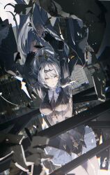 1girl ahoge black_shirt black_unitard blue_flower blue_rose blurry bodystocking breasts building chromatic_aberration closed_mouth debris depth_of_field falling floating_hair flower flower_on_chest guest_art hair_ornament highres karasuro long_hair long_sleeves looking_at_viewer medium_breasts official_alternate_costume rose shirt single_hair_intake skirt solo very_long_hair white_hair white_skirt yellow_eyes yi_xuan_(trails_of_ink)_(zenless_zone_zero) yi_xuan_(zenless_zone_zero) zenless_zone_zero