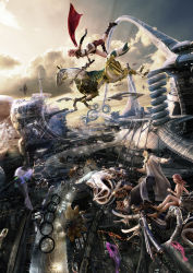 10s 1boy 2girls 3d absurdres bandana blonde_hair boots cape city falling final_fantasy final_fantasy_xiii fingerless_gloves gloves highres horse jewelry lightning_farron multiple_girls necklace odin_(final_fantasy) oerba_dia_vanille official_art orange_hair pink_hair shiva_(final_fantasy) sky snow_villiers sword weapon