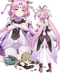 1girl absurdres bare_shoulders bow-shaped_hair breasts brown_hair clothing_cutout constellation_print crotch_seam dress feixianji_(hairstyle) forehead_jewel fu_xuan_(honkai:_star_rail) green_dress green_eyes hair_ornament hair_rings hair_stick highres honkai:_star_rail honkai_(series) layered_clothes long_hair low_twintails mahjong mahjong_tile panties panties_under_pantyhose pantyhose pantyshot pink_hair purple_rope qingque_(honkai:_star_rail) rope shoulder_cutout smile tassel tassel_hair_ornament twintails underwear watarurikka white_panties white_pantyhose