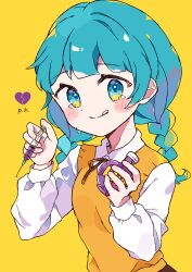 1girl absurdres aqua_eyes blush_stickers bottle braided_twintails broken_heart brown_ribbon choppy_bangs closed_mouth collared_shirt colored_eyelashes dot_nose hands_up heart highres holding holding_bottle holding_syringe ibispaint_(medium) licking_lips long_hair long_sleeves looking_at_viewer multicolored_eyes napo_(napo_illust) neck_ribbon orange_sweater_vest original potion ribbon shirt simple_background smile solo split_mouth star_(symbol) star_in_eye sweater_vest symbol_in_eye syringe tears tongue tongue_out upper_body white_shirt yellow_background yellow_eyes