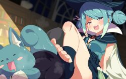 Rule 34 | 1boy, 1girl, aqua hair, barefoot, blue hair, blurry, blurry background, blush, bookshelf, breasts, cape, commission, creature, double bun, drooling, feet, femdom, fingerless gloves, foot focus, footjob, gloves, grey eyes, hair bun, hat, hetero, highres, indoors, looking at viewer, mouth drool, no shoes, open mouth, original, shiro9jira, sitting, skeb commission, smile, socks, stepped on, stirrup legwear, sweat, thighhighs, toeless legwear, toes, witch hat