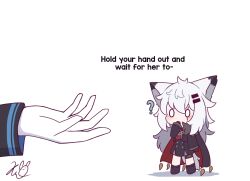 0_0 1girl 1other ? animal_ears arknights black_boots black_cape black_gloves black_jacket black_skirt blush boots cape chibi doctor_(arknights) english_text fold-over_boots gloves hair_between_eyes hair_ornament hairclip jacket kurotofu lappland_(arknights) long_hair long_sleeves mini_person minigirl scar scar_across_eye scar_on_face shadow signature simple_background skirt sleeves_past_wrists very_long_hair white_background white_gloves white_hair