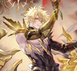 1boy alternate_form antenna_hair bare_pectorals black_shirt blonde_hair commentary cracked_skin darkavey english_commentary hair_between_eyes halo halo_behind_head honkai:_star_rail honkai_(series) looking_at_viewer male_focus material_growth messy_hair pectorals phainon_(honkai:_star_rail) shirt short_hair solo torn_clothes torn_shirt upper_body yellow_blood yellow_eyes