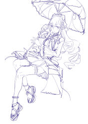 1girl absurdres anklet bow bowtie closed_mouth full_body hair_bow highres holding holding_umbrella invisible_chair jewelry lineart long_hair long_sleeves looking_to_the_side low_drills miniskirt mole mole_under_eye monochrome parasol pointy_ears re24 shoes showgirl_skirt simple_background sitting sketch skirt solo thigh_strap two-handed umbrella vivian_(zenless_zone_zero) white_background zenless_zone_zero