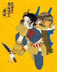 1girl absurdres akita_prefecture arm_support artist_logo black_hair brown_hair commentary english_commentary full_body highres holding holding_knife japanese_clothes kneeling knife logo open_mouth original sei5osuzuki solo teeth upper_teeth_only yellow_background