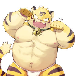 1boy bara bell bennkei blank_eyes dated fangs fat furry furry_male highres kinoshita_jiroh male_focus navel neck_bell nipples open_mouth paw_pose pectorals simple_background solo the_spicy_ninja_scrolls white_background white_loincloth