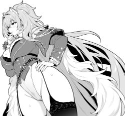 1girl aiguillette animal_ears azur_lane azur_lane:_slow_ahead black_bra black_garter_straps black_thighhighs bra breasts cape epaulettes fake_animal_ears garter_straps greyscale hair_intakes hand_on_own_chin hand_on_own_hip high_ponytail hori_(hori_no_su) lace lace-trimmed_bra lace-trimmed_thighhighs lace_trim large_breasts leotard lion_(azur_lane) lion_ears long_hair long_sleeves military_uniform monochrome official_art ponytail simple_background single_epaulette solo thighhighs underwear very_long_hair white_background