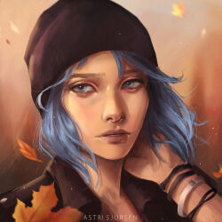 1girl artist_name astri_lohne_sjursen autumn beanie black_hat black_shirt blue_eyes blue_hair bracelet chloe_price collared_shirt falling_leaves hat highres jewelry leaf life_is_strange_(series) life_is_strange_1 looking_to_the_side maple_leaf portrait shirt short_hair solo