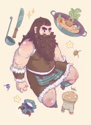 1boy bara beard brown_hair disarmhope dungeon_meshi dwarf facial_hair fake_horns full_body helmet highres horned_helmet horns invisible_chair knife long_beard male_focus mustache senshi_(dungeon_meshi) sitting solo sparse_arm_hair stew thick_eyebrows thick_mustache unworn_headwear unworn_helmet very_long_beard wok