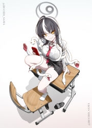 1girl absurdres alternate_costume azami_(blue_archive) black_hair black_skirt blue_archive bralines breasts bucho_sama cellphone chair collared_shirt desk grey_halo halo highres holding holding_phone large_breasts long_sleeves looking_at_viewer miniskirt multicolored_hair necktie on_desk panties phone pleated_skirt red_necktie school_chair school_desk school_uniform shirt sitting skirt slit_pupils smartphone smile snake snake_hair socks solo two-tone_hair underwear white_hair white_panties white_shirt white_snake white_socks yellow_eyes