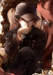 1boy absurdres armchair baseball_cap black_hair black_hat black_jacket black_pants breast_pocket buttons chair closed_mouth collared_jacket commentary_request cowboy_shot crest crossed_legs danganronpa_(series) danganronpa_v3:_killing_harmony double-breasted expressionless fingernails grey_eyes hair_between_eyes hand_on_own_chin hat high_collar highres jacket layered_sleeves light_blush light_particles long_eyelashes long_sleeves male_focus on_chair pale_skin pants pinstripe_jacket pinstripe_pants pinstripe_pattern pocket saihara_shuichi short_hair sitting solo thinking tsurime yaya_(shizuku)