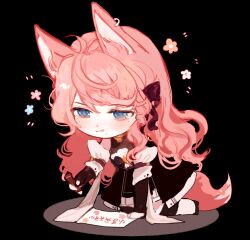 1girl :p animal_ears animated animated_gif arm_belt bare_shoulders belt belt_buckle black_arm_warmers black_bow black_dress black_shoes black_socks blue_eyes blue_flower bow buckle chibi chinese_commentary closed_mouth colored_pencil commentary_request detached_sleeves dog_ears dog_girl dog_tail dress eyelashes flower frilled_dress frills hair_between_eyes hair_bow hand_on_ground holding holding_pencil kamu_(poulro) kneehighs kneeling layered_dress light_blush long_hair looking_at_object looping_animation loose_hair_strand mole mole_under_eye mole_under_mouth multiple_moles notice_lines on_floor original paper pencil pink_flower pink_hair purple_belt shoes short_dress short_sleeves single_sidelock sleeveless sleeveless_dress smile socks solo tail tail_wagging tongue tongue_out transparent_background two-tone_socks very_long_hair wavy_hair white_flower white_sleeves white_socks writing