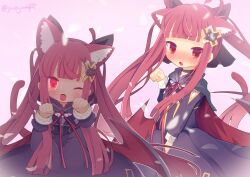 alucard_lore animal_ears artist_name bat_wings black_cloak black_dress cat_ears cat_tail cloak dress dual_persona embarrassed emil_chronicle_online glowing glowing_eyes hair_ornament long_hair open_mouth pink_background purple_hair red_eyes red_ribbon ribbon tail twintails wings yuzujampot