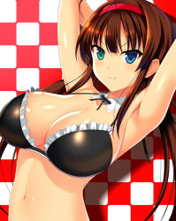 10s 1girl ahoge arms_up bikini black_bikini blue_eyes blush breasts brown_hair detached_collar female_focus frilled_bikini frills green_eyes hairband heterochromia huge_breasts kyoku_tou large_breasts long_hair navel ryoubi_(senran_kagura) senran_kagura senran_kagura_shinovi_versus smile solo swimsuit twintails