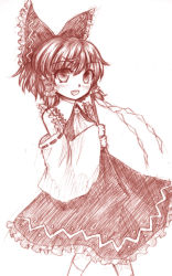 1girl ascot bare_shoulders blush bow detached_sleeves female_focus gohei hair_bow hair_tubes hakurei_reimu haraegushi highres monochrome oonusa open_mouth solo touhou yuran_(kuen-hien)