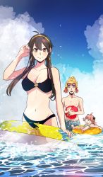 1boy 2girls ahoge alex_(sandora) alternate_costume animal_print anya_(spy_x_family) ball beachball bikini black_bikini blonde_hair blue_male_swimwear blue_sky blue_swim_trunks blush breasts child cleavage closed_eyes closed_mouth cloud cloudy_sky commentary cowboy_shot day drawstring earrings english_commentary eyewear_on_head gold_hairband green_one-piece_swimsuit hair_between_eyes hairband hand_in_own_hair hat highres holding holding_ball holding_beachball horn_ornament horns innertube jewelry looking_at_viewer male_swimwear medium_breasts multiple_girls navel o-ring o-ring_bikini ocean one-piece_swimsuit open_mouth outdoors pink_hair print_male_swimwear print_swim_trunks print_swimsuit red_eyes short_hair short_hair_with_long_locks sidelocks sky smile spy_x_family squid_print standing stomach striped_clothes striped_one-piece_swimsuit swim_ring swim_trunks swimsuit topless_male twilight_(spy_x_family) wading yellow_innertube yor_briar