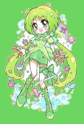 1girl blush_stickers boots bow breasts cleavage dress food fruit green_background green_dress green_eyes green_hair green_theme heart highres looking_at_viewer magical_girl mew_lettuce midorikawa_lettuce oceaninspace open_mouth rainbow small_breasts smile solo sparkle squid star_(symbol) strawberry tokyo_mew_mew twintails whale
