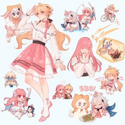 +_+ ... 1boy 3girls @_@ ^_^ absurdres aether_(genshin_impact) ahoge animal_ear_hood animal_ears animal_print ankle_socks arm_cutout bare_shoulders belt belt_buckle bicycle bicycle_basket black_belt black_bow black_pants black_ribbon blonde_hair blue_background blue_cape blue_cloak blue_shirt blunt_bangs boots bow bow_choker bow_legwear bowtie bra_strap brother_and_sister brown_eyes brown_hat buckle buttons cape cat cat_ears center_frills choker cloak closed_eyes collar collarbone commentary cosplay cross-laced_clothes cross-laced_legwear crossdressing crossover detached_collar dress ear_covers english_commentary english_text eyelashes faewish_sprite fake_animal_ears falling fish_print fishing fishing_rod flower frilled_dress frilled_shirt frilled_skirt frilled_sleeves frills genshin_impact grey_hair hair_between_eyes hair_bow hair_flower hair_ornament hair_ribbon hair_undone halo hat high_heels highres holding holding_fishing_rod holding_sword holding_weapon hood hood_up hooded_cloak infinity_nikki jacket knee_boots knees layered_skirt light_blush long_hair long_sleeves low_twintails lumine_(genshin_impact) lumine_(genshin_impact)_(cosplay) medium_skirt messy_hair momo_(nikki) momo_(nikki)_(cosplay) multiple_girls multiple_views nikki_(nikki) nikki_(nikki)_(cosplay) nikki_(series) off-shoulder_shirt off_shoulder open_clothes open_jacket outline paimon_(genshin_impact) paimon_(genshin_impact)_(cosplay) pants pantyhose perfect_start_(infinity_nikki) pink_bow pink_bowtie pink_choker pink_hair pink_shoes pink_skirt pleated_skirt puffy_long_sleeves puffy_short_sleeves puffy_sleeves pumps ribbon riding riding_bicycle rippling_serenity_(infinity_nikki) see-through_clothes see-through_sleeves shared_speech_bubble shirt shoes shooting_star short_hair short_sleeves siblings sidelocks simple_background skirt sleeves_past_wrists snowflake_print snowflakes socks space_print sparkle_hair_ornament sparkling_eyes speech_bubble splashing spoken_ellipsis starry_sky_print strapless strapless_dress striped_bow striped_bowtie striped_choker striped_clothes susdish sword tress_ribbon twintails very_long_hair wading water wavy_mouth weapon whiskers white_boots white_cat white_collar white_dress white_flower white_jacket white_outline white_pants white_pantyhose white_romper white_shirt white_skirt white_socks yellow_cape yellow_cloak yellow_halo yellow_shoes