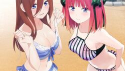 2girls absurdres anime_screenshot bare_shoulders bikini bikini_pull bikini_skirt blue_eyes blush breasts brown_hair butterfly_hair_ornament cleavage closed_mouth clothes_pull collarbone dot_nose female_focus floral_print frilled_bikini frills go-toubun_no_hanayome hair_between_eyes hair_ornament hair_over_one_eye hand_on_own_hip highres large_breasts long_sleeves looking_at_viewer midriff miniskirt multicolored_bikini multiple_girls nakano_miku nakano_nino navel off-shoulder_bikini off_shoulder open_clothes open_mouth purple_bikini red_hair short_hair siblings sisters skirt sleeveless stomach striped_bikini striped_clothes swimsuit swimsuit_skirt twintails untied_bikini white_bikini white_skirt