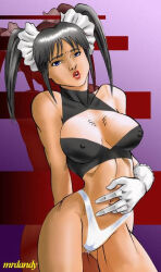 1girl 2007 black_hair blue_eyes bra breast_cutout covered_erect_nipples fighting_vipers garakan gloves hair_ornament hand_on_own_stomach honey_(fighting_vipers) lipstick long_hair makeup panties pursed_lips red_lips sega solo stomach twintails underwear white_gloves