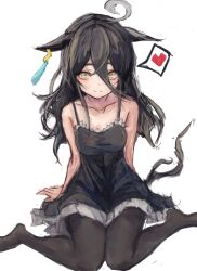 1girl ahoge animal_ears bare_shoulders black_dress black_hair black_pantyhose breasts closed_mouth collarbone crossed_bangs dress ear_tag earrings ears_down grey_hair hair_between_eyes heart horse_ears horse_girl horse_tail jewelry long_bangs long_hair long_hair_between_eyes looking_at_viewer manhattan_cafe_(umamusume) multicolored_hair on_ground pantyhose simple_background single_earring sitting sleeveless sleeveless_dress small_breasts smile solo spoken_heart tail umamusume very_long_hair wariza white_background yanagi_wakana yellow_eyes