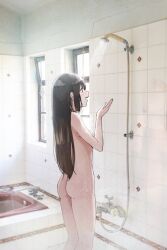 1girl ass bathroom bathtub blue_eyes breasts brown_hair commentary completely_nude indoors long_hair love_live! love_live!_nijigasaki_high_school_idol_club medium_breasts nude open_mouth osaka_shizuku photo_background shower_head showering smile solo standing tata_(tataice) water wet window