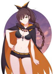 Rule 34 | 1girl, belt, bikini, bikini top only, black bikini, black cape, black ribbon, black shorts, breasts, brown hair, cape, cleavage, closed mouth, cloud, cloudy sky, commentary request, cowboy shot, dusk, extra pupils, front-tie bikini top, front-tie top, green eyes, groin, hair between eyes, hair ribbon, hand on own hip, high ponytail, highres, large breasts, long hair, looking at viewer, multi-tied hair, navel, nemu mohu, orange belt, orange cape, partial commentary, ponytail, re:zero kara hajimeru isekai seikatsu, ribbon, shaula (re:zero), short shorts, shorts, sidelocks, sky, smile, solo, standing, star (symbol), stomach, swimsuit, two-tone cape
