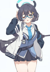 1girl :o absurdres aqua-framed_eyewear arm_behind_head assault_rifle black_hair black_skirt blue_archive blue_eyes blue_halo blue_jacket blue_necktie blue_sweater_vest chihiro_(blue_archive) collared_shirt commentary_request cowboy_shot glasses gun h&amp;k_hk416 hair_ornament halo hand_up highres id_card jacket lanyard looking_at_viewer makurino medium_hair miniskirt multicolored_jacket necktie one_eye_closed open_clothes open_jacket open_mouth pleated_skirt rabbit_hair_ornament rifle semi-rimless_eyewear shirt simple_background skirt solo sweater_vest thighs two-tone_jacket under-rim_eyewear weapon weapon_on_back white_background white_jacket white_shirt