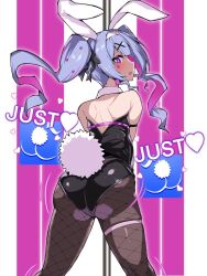 1girl animal_ears ass back black_leotard blue_eyes blue_hair blush brown_pantyhose detached_collar edobox fake_animal_ears fake_tail fishnet_pantyhose fishnets hatsune_miku huge_ass leotard long_hair looking_at_viewer looking_back open_mouth pantyhose playboy_bunny pole pure_pure_(rabbit_hole) rabbit_ears rabbit_hole_(vocaloid) rabbit_tail smile solo stripper_pole tail thighs twintails vocaloid