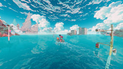 1girl animal architecture bicycle blue_sky brown_hair building cat cloud cloudy_sky day facing_away fantasy from_behind highres nickcarver ocean original outdoors partially_submerged reflection ripples scenery shirt short_sleeves shorts sky solo wading water wide_shot