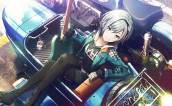 Rule 34 | 1girl, ano hi sora wa tookatta (project sekai), black pantyhose, black shirt, black shorts, blue jacket, charm (object), closed mouth, colorful palette, feet out of frame, game cg, gloves, green eyes, grey gloves, grey hair, guitar, highres, hinomori shiho, holding, holding guitar, holding instrument, instrument, jacket, motor vehicle, official alternate costume, official art, pantyhose, project sekai, shirt, short hair, shorts, sitting, smile, solo, third-party source