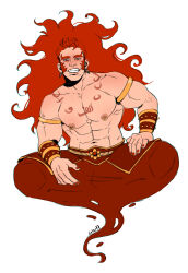 Rule 34 | 1boy, abs, arabic text, armlet, bara, bucchigiri?!, frown, genie, gino77katia, highres, jewelry, large pectorals, long hair, long sideburns, looking at viewer, male focus, midair, monster boy, muscular, muscular male, navel, nipple piercing, nipple rings, nipples, pectorals, piercing, prehensile hair, red hair, red nails, senya (bucchigiri?!), sideburns, solo, spread legs, stomach, thick eyebrows