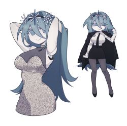 1girl air_zizon android arms_up bare_arms black_coat black_necktie black_skirt blue_eyes blue_hair breasts brown_pantyhose closed_mouth coat coat_on_shoulders colored_skin dream_game dress eunoia_(dream_game) highres large_breasts long_hair looking_to_the_side mafioso_(dream_game) multiple_views necktie pantyhose pencil_skirt roblox skirt smile strapless strapless_dress very_long_hair white_dress white_skin