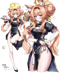 1girl absurdres alternate_costume alternate_hairstyle animal_ear_fluff black_dress black_hairband black_panties black_scrunchie black_shoes blue_archive blue_eyes blush breasts cleavage_cutout clothing_cutout cropped_legs double_bun dress earrings flying_sweatdrops food full_body gun hair_bun hairband halo handgun highres holding holding_tray holster holstered jewelry long_hair looking_at_viewer low_twintails mari_(blue_archive) medium_breasts multiple_views open_mouth orange_hair panties parted_lips pelvic_curtain puffy_short_sleeves puffy_sleeves sak_(lemondisk) scrunchie shoes short_sleeves side-tie_panties simple_background standing standing_on_one_leg steamed_bun tassel tray twintails underwear very_long_hair weapon white_background wrist_scrunchie yellow_halo