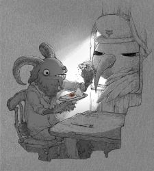 beak bird chair envelope fork furry goat hat horns indoors monochrome original parallela66 plate salt sitting spot_color