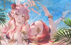 1girl :d aru_(blue_archive) baisi_shaonian barefoot bikini black_bikini blue_archive blue_sky blush breasts cleavage demon_horns flower front-tie_bikini_top front-tie_top hair_flower hair_ornament halo highres horns large_breasts long_hair open_mouth pink_hair pink_halo red_flower red_sarong sand sarong side-tie_bikini_bottom sky smile solo swimsuit transparent transparent_umbrella umbrella yellow_eyes yellow_trim