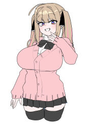 1girl ahoge akitokage arm_at_side black_bow black_bowtie black_skirt black_thighhighs blonde_hair bow bowtie breasts buttons cardigan collared_shirt commentary_request cropped_legs grin gyaru hair_bow hand_up highres large_breasts light_blush long_hair long_sleeves looking_at_viewer multicolored_eyes multicolored_hair original partially_unbuttoned pink_cardigan pink_hair pleated_skirt purple_eyes red_eyes shirt sidelocks simple_background skirt smile solo streaked_hair teeth thighhighs twintails two-tone_eyes two-tone_hair white_background white_shirt