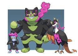 3boys animal_focus bird bird_tail black_fur border bright_pupils closed_mouth commentary_request fezandipiti green_fur grin highres legendary_pokemon multiple_boys munkidori nintendo no_humans okidogi outside_border pokemon pokemon_(creature) smile tail talons tapi_bird25 teeth two-tone_fur white_border white_pupils wings yellow_eyes