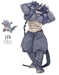 1boy arms_up bracelet braid colored_skin commentary creatures_(company) full_body game_freak gen_1_pokemon grey_pants grey_skin highres jewelry long_hair male_focus mask muscular muscular_male nintendo open_mouth pants pectorals personification pokemon pokemon_(creature) reference_inset rhydon simple_background spiked_bracelet spikes standing tamtamdi toenails translated very_long_hair white_background