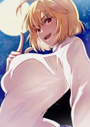 1girl absurdres arcueid_brunestud blonde_hair breasts crescent_moon dress hands_up highres large_breasts long_sleeves looking_at_viewer moon night night_sky open_mouth outdoors red_eyes shimotsukishin short_hair simple_background single_hair_intake sky smile solo sweater tsukihime tsukihime_(remake) turtleneck type-moon type-moon_heroines white_sweater