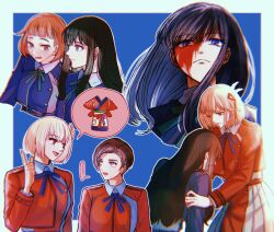 4girls black_hair blonde_hair blood blood_on_face blue_background blue_dress blue_ribbon commentary_request dress green_ribbon harukawa_fuki index_finger_raised inoue_takina janome_erika_(lycoris_recoil) kumabehaso long_hair long_sleeves lycoris_recoil multiple_girls neck_ribbon nishikigi_chisato open_mouth orange_eyes orange_hair purple_eyes red_dress red_eyes red_hair ribbon short_hair smile two-tone_background