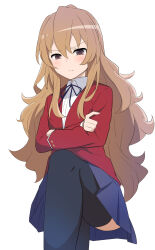 1girl absurdres aisaka_taiga black_ribbon black_thighhighs blazer blue_skirt blush brown_eyes brown_hair closed_mouth collared_shirt commentary_request crossed_arms hair_between_eyes highres hotori_(sharo_pan) jacket long_hair long_sleeves looking_at_viewer neck_ribbon oohashi_high_school_uniform partial_commentary pleated_skirt red_jacket ribbon school_uniform shirt simple_background skirt solo thighhighs toradora! white_background white_shirt