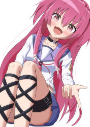 Rule 34 | 1girl, :d, absurdres, angel beats!, black choker, blue skirt, blush, choker, collarbone, commentary, convenient leg, dutch angle, eyelashes, eyes visible through hair, fang, feet out of frame, highres, index finger raised, knees up, leaning to the side, long hair, long sleeves, looking at viewer, miniskirt, neckerchief, open mouth, pink eyes, pink hair, pink neckerchief, pleated skirt, pointing, pointing at viewer, shinda sekai sensen uniform, shirt, sidelocks, simple background, sitting, skin fang, skirt, smile, solo, suimei (ramebi3), thigh strap, two side up, v-shaped eyebrows, very long hair, white background, white shirt, yui (angel beats!)