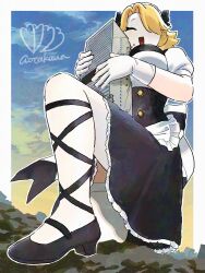 1girl :d alternate_costume aotakana apron artist_logo artist_name between_breasts black_bow black_dress blonde_hair borrowed_character bow breasts building commentary commission cuffs destruction detached_collar dress english_commentary female_focus frilled_dress frills giant giantess gloves hair_over_one_eye happy high_heels hugging_object juliet_sleeves lace lace-trimmed_legwear lace_trim large_breasts leg_up locket_white_(bakalorin) logo long_sleeves maid maid_apron maid_headdress mario_(series) nintendo open_mouth original outdoors puffy_short_sleeves puffy_sleeves short_sleeves shy_gal skyscraper smile solo swept_bangs thick_thighs thighs two-tone_bow underbust white_bow white_gloves white_mask