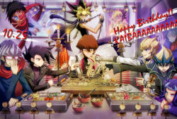 6+boys adjusting_eyewear akaba_reiji arm_on_table bare_shoulders black_choker black_coat black_gloves black_hair black_shirt black_wrist_cuffs blonde_hair blue_eyes blue_jacket blue_pants blue_shirt bowl box candle candlestand choker clenched_hand clenched_hands clenched_teeth coat colored_bangs cup_ramen dinner english_text evil_grin evil_smile falling fingerless_gloves food gloves green_hair grey_eyes grey_hair grin group_picture hair_over_one_eye hair_slicked_back hand_on_eyewear hand_on_window happy_birthday holding holding_food in-franchise_crossover indoors iv_(yu-gi-oh!) jack_atlas jacket jacket_on_shoulders kaiba_mokuba kaiba_seto kamishiro_ryouga kurosaki_shun_(yu-gi-oh!) looking_through_window lunchbox male_focus manjoume_jun metal_wrist_cuffs midair multicolored_hair multiple_boys noodles oden open_clothes open_coat open_jacket orange_hair outstretched_arm outstretched_arms pants parody parted_bangs party picture_frame plate popped_collar pouring prank purple_eyes purple_hair purple_shirt raijin-bh ramen red_scarf rice_bowl salute scarf shirt sleeveless sleeveless_shirt smile spiked_hair spill spilling streaked_hair striped_clothes striped_shirt table teeth tenjou_kaito trench_coat vector_(yu-gi-oh!) white_coat white_hair white_jacket worried wrapped_up wrist_cuffs yami_yugi yu-gi-oh! yu-gi-oh!_5d&#039;s yu-gi-oh!_arc-v yu-gi-oh!_duel_monsters yu-gi-oh!_gx yu-gi-oh!_zexal