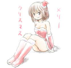 Rule 34 | 1girl, bare shoulders, blush, boots, breasts, brown hair, cleavage, closed mouth, collarbone, detached sleeves, dress, fur-trimmed dress, fur trim, grey eyes, hat, knee boots, knees up, long sleeves, medium breasts, mini hat, mini santa hat, original, red boots, red dress, red hat, red sleeves, santa costume, santa hat, shadow, simple background, sitting, smile, solo, strapless, strapless dress, takapi (chimee house), tilted headwear, translation request, white background
