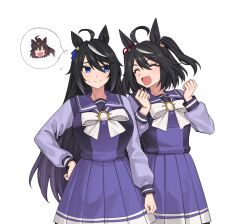 2girls ahoge animal_ears black_hair black_tide_(racehorse) blue_eyes bow bowtie brown_hair clenched_hands commentary cowboy_shot deep_impact_(racehorse) ear_ornament ear_ribbon flying_sweatdrops fukuro_(maruaru00) genderswap genderswap_(mtf) grey_hair hair_between_eyes half_updo highres horse_ears horse_girl kitasan_black_(umamusume) long_hair long_sleeves multicolored_hair multiple_girls original personification pleated_skirt purple_sailor_collar purple_shirt purple_skirt sailor_collar school_uniform shirt short_hair skirt speech_bubble streaked_hair sweatdrop thought_bubble tracen_school_uniform two-tone_hair two_side_up umamusume very_long_hair white_bow white_bowtie winter_uniform