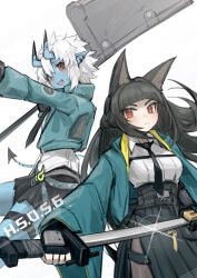 Rule 34 | 2girls, absurdres, animal ears, black gloves, black hair, black necktie, black skirt, blue skin, blunt bangs, blush, closed mouth, colored skin, dodo (yatotoyatoto), fingerless gloves, fox ears, fox girl, gloves, green jacket, hair between eyes, highres, holding, holding sword, holding weapon, horns, hoshimi miyabi, jacket, long hair, looking at viewer, multiple girls, necktie, open mouth, pointy ears, red eyes, shirt, short hair, sidelocks, simple background, skirt, soukaku (zenless zone zero), sword, tail, weapon, white background, white hair, white shirt, zenless zone zero
